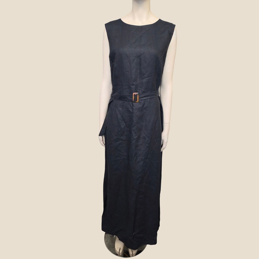 Vintage Merona Black 100% Linen Sleeveless Belted Maxi Dress Large L 90s Retro